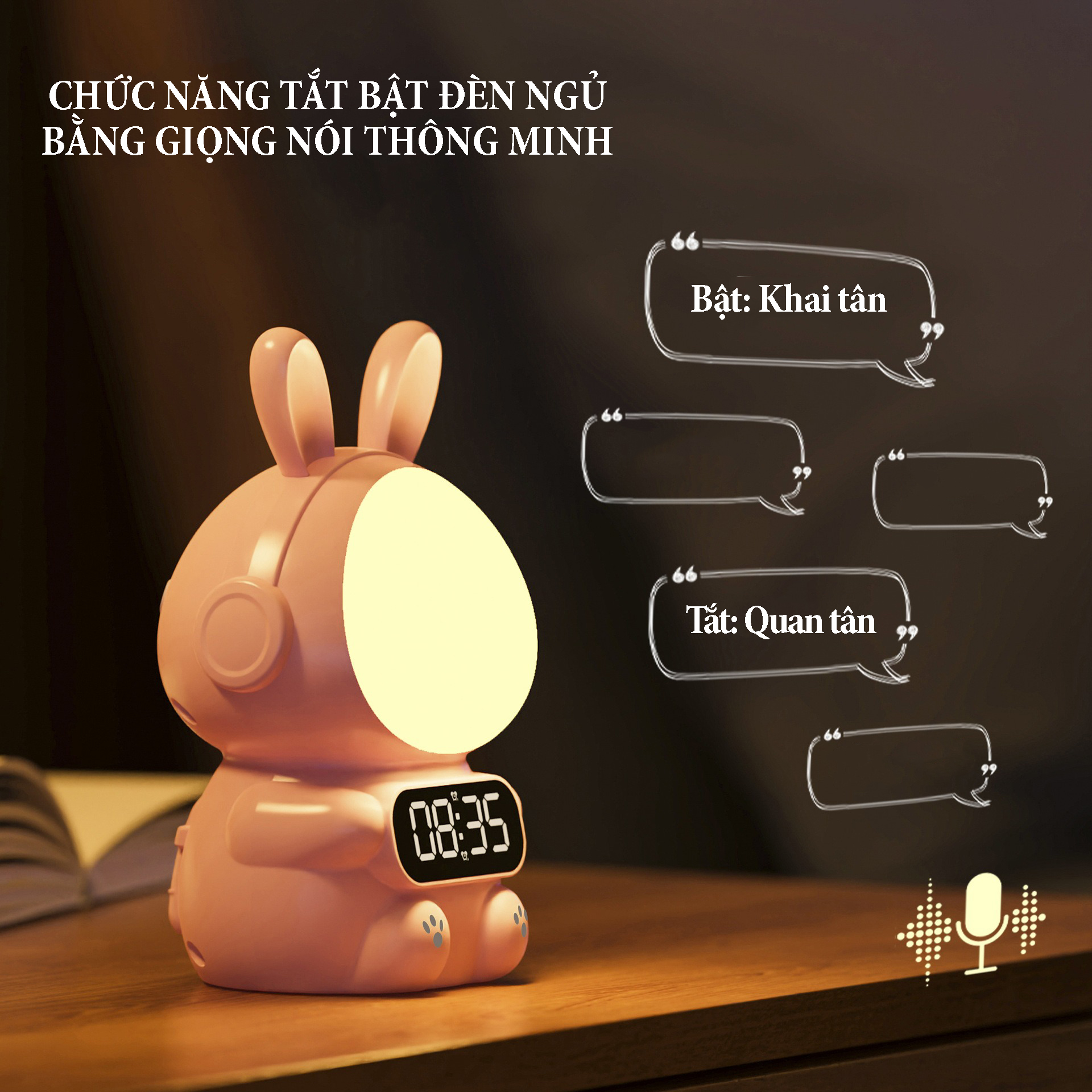 Đồng hồ xem giờ tích hợp đèn ngủ Rabbit điều khiển bằng giọng nói chức năng báo thức điều chỉnh độ sáng 4 cấp, pin sạc dung lượng 1500mA