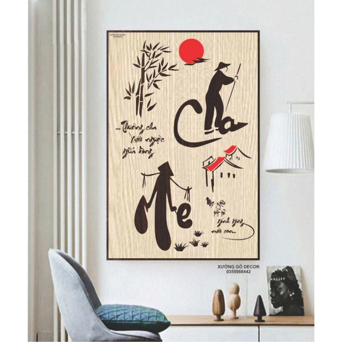 Combo 3 Tranh Treo Tường Thư Pháp Bằng Gỗ Kích Thước 40x60cm