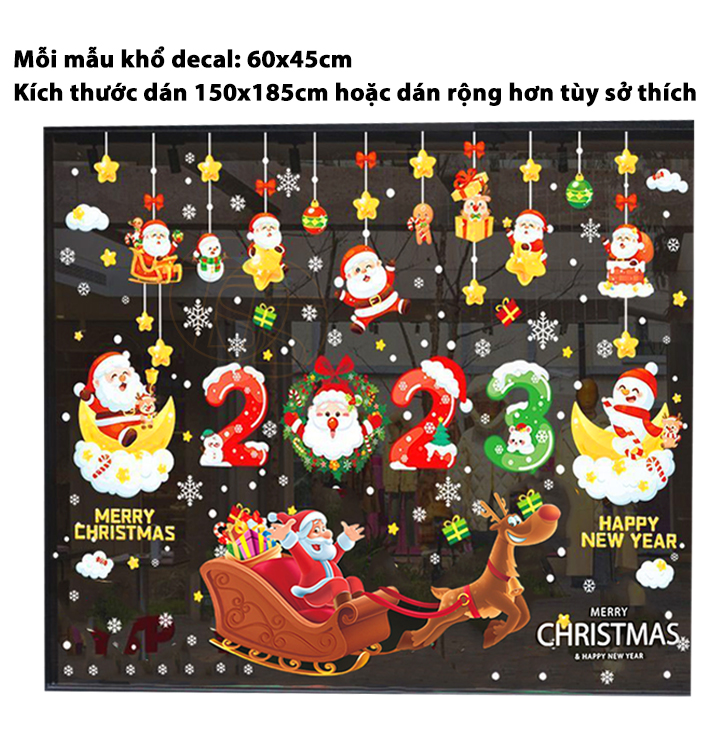 Decal dán kính noel 2023 tĩnh điện trang trí giáng sinh merry christmas khổ 60x45cm