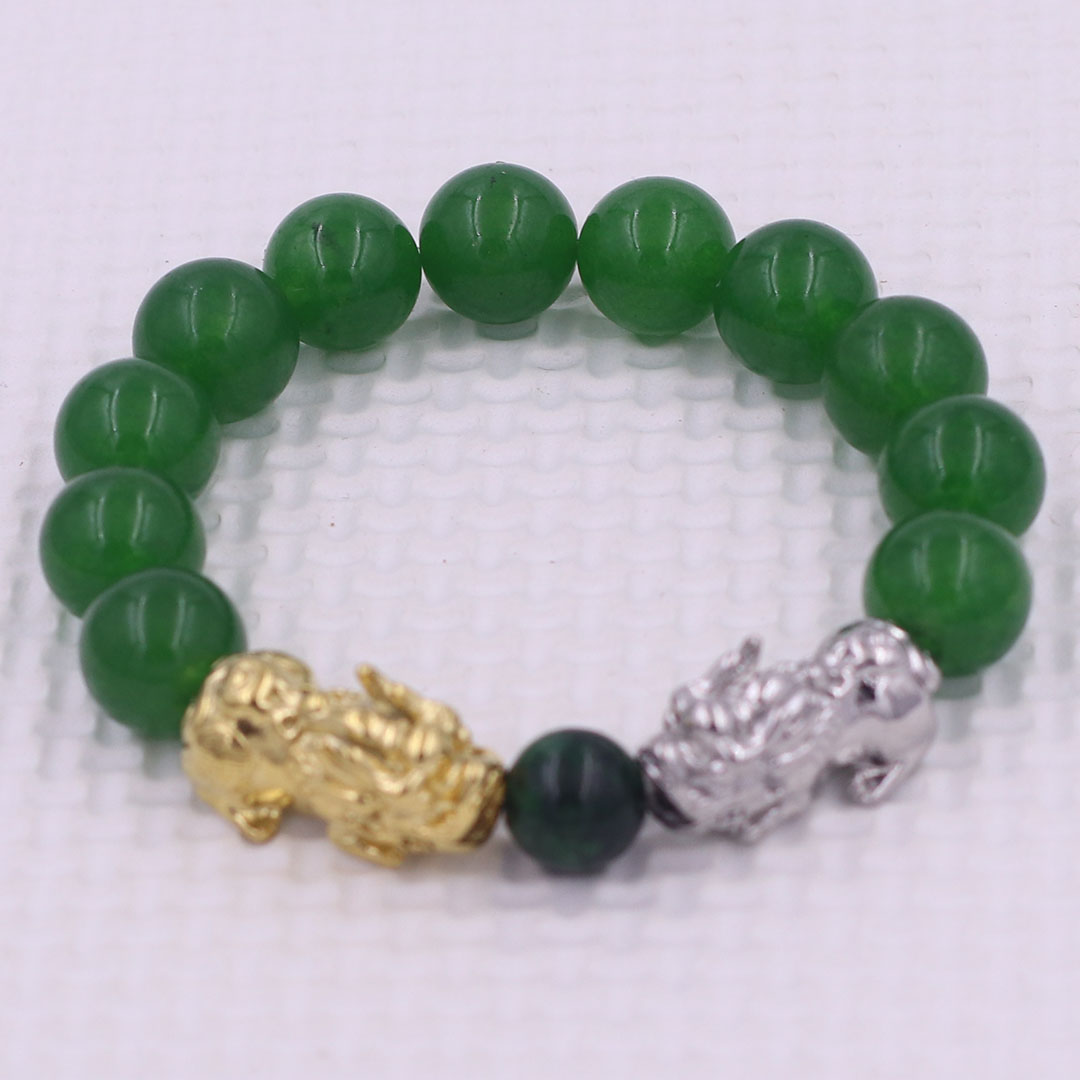 Vòng chuỗi đeo tay đa thạch anh xanh lá 12 ly charm tỳ hưu đôi inox trắng và vàng, vòng chuỗi phong thủy, charm tỳ hưu, vòng tay hạt chuỗi