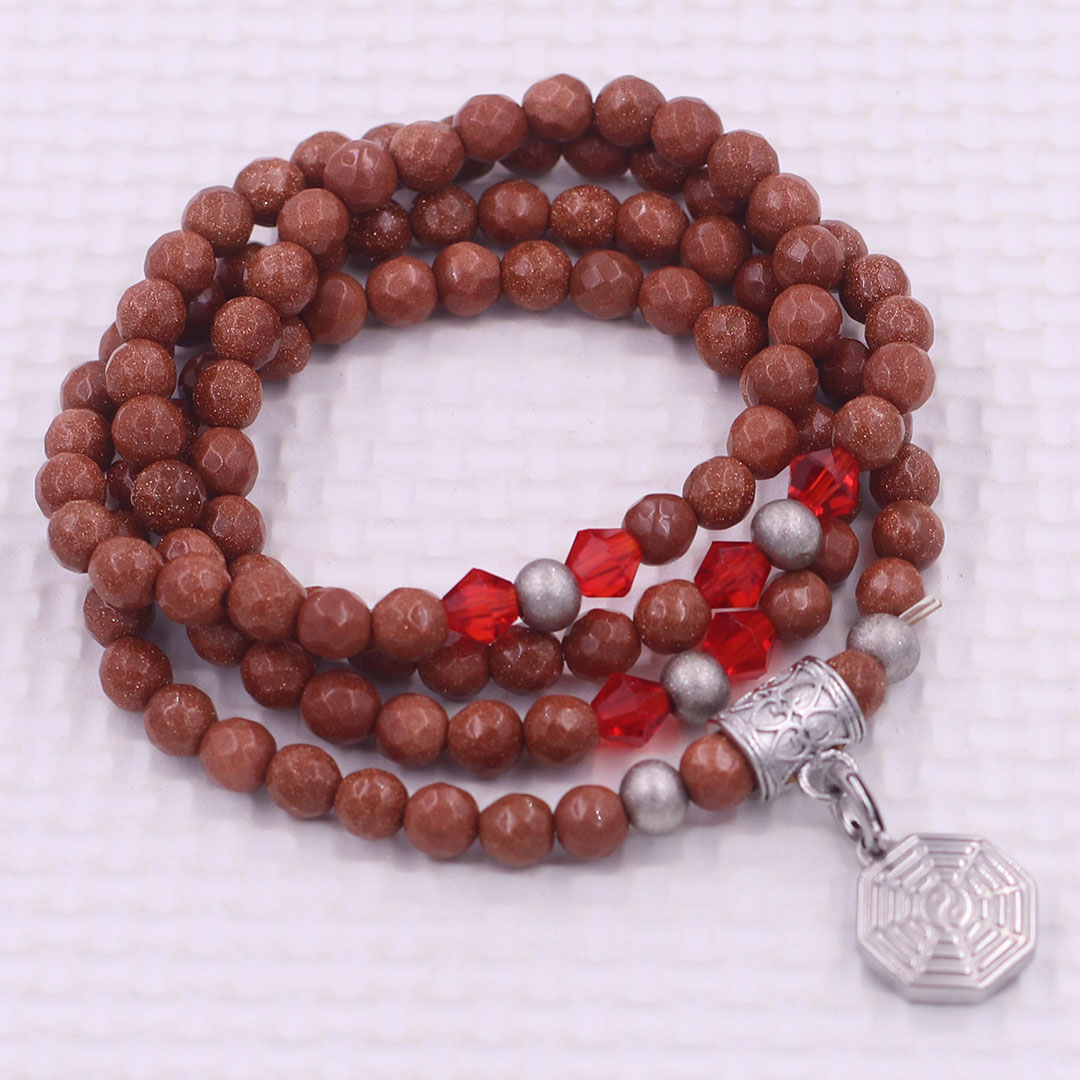 Vòng chuỗi 108 hạt đá kim sa cắt giác 6 ly charm bát quái inox - vòng chuỗi niệm Phật, vòng tay chuỗi hạt