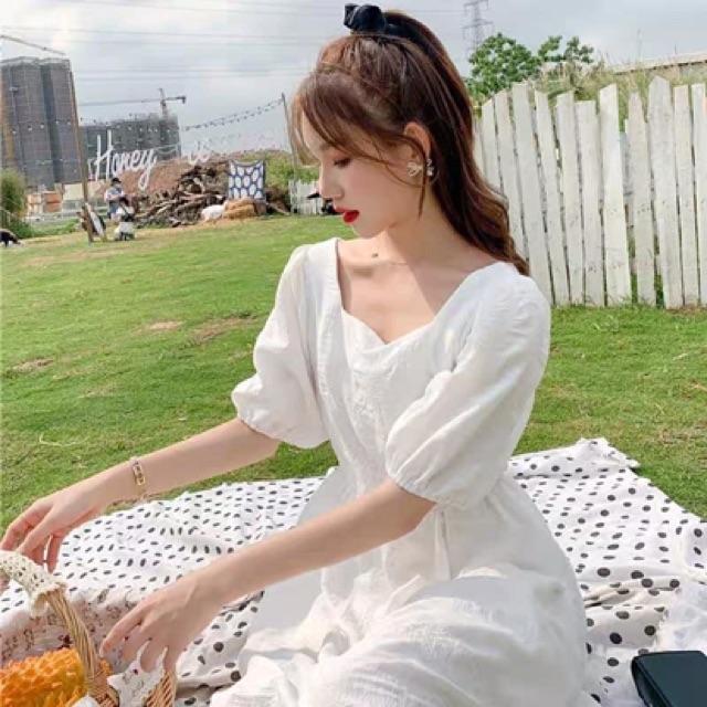 Váy trắng cổ vuông tay bồng tiểu thư - Đầm trắng dáng dài
