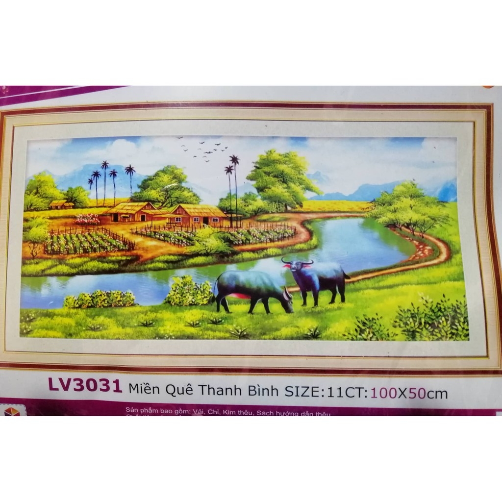 Tranh thêu chữ thập 3D MIỀN QUÊ THANH BÌNH 100x50cm_ tự thêu