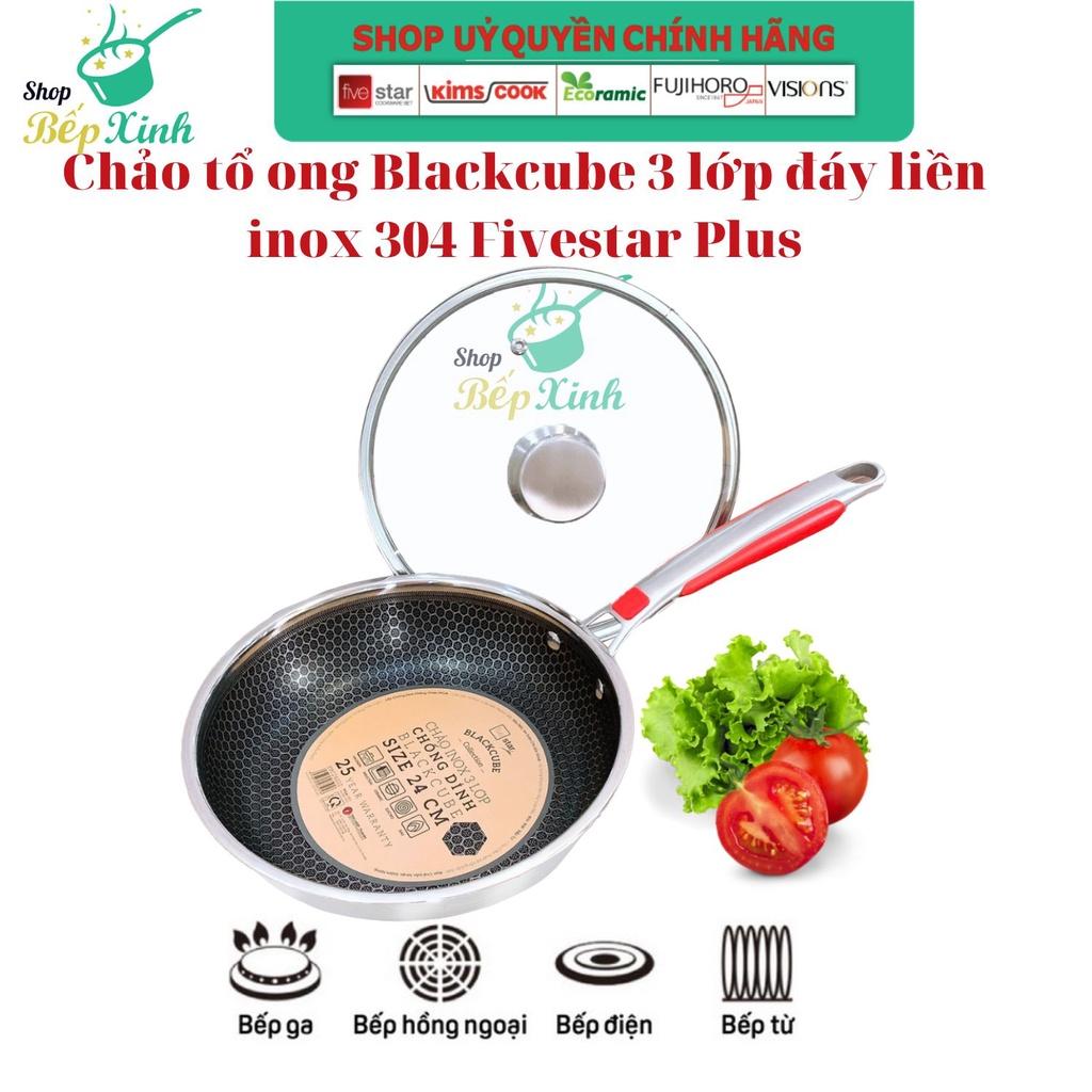 Chảo 3 lớp đáy liền inox 304 bếp từ tổ ong BlackCube Fivestar 24cm quai bọc silicon chống nóng , chống trầy xước