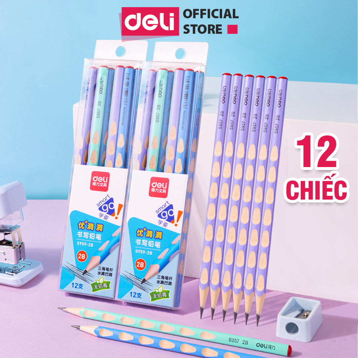 Bút Chì Gỗ Định Vị 2B Deli - Hộp 12 Dễ Cầm Điều Chỉnh Tư Thế Viết Học Sinh Luyện Chữ Vẽ Phác Thảo Văn Phòng An Toàn