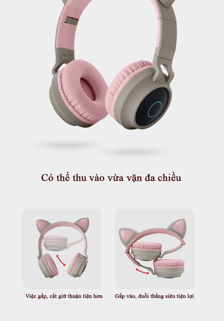 Tai nghe Bluetooth tai mèo HQ_BT-28C đáng yêu có mic đàm thoại cao cấp, tai nghe mèo có đèn phát sáng cute tai nghe tai mèo thời trang, đáng yêu có thể sử dụng khi chơi các tựa game online