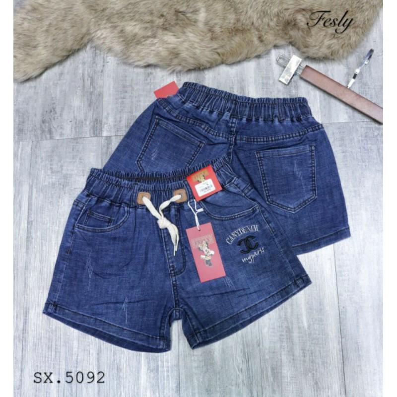 Quần Sooc Jeans Thêu Cạp Chun