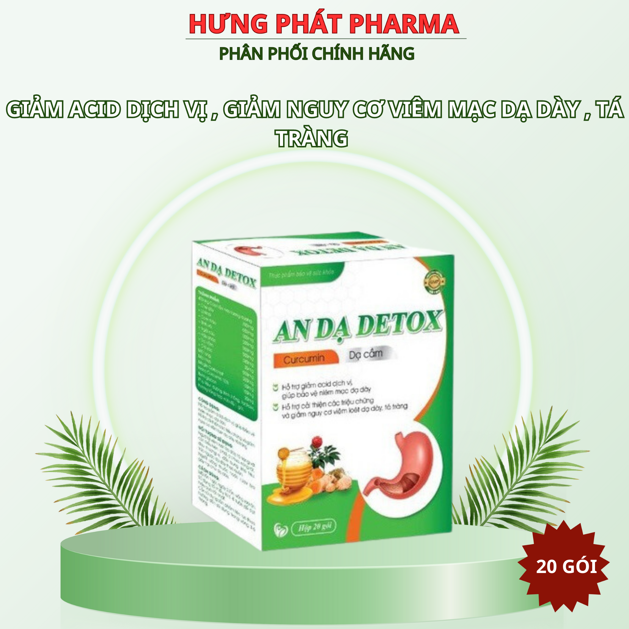 Nano Curcumin An Dạ Detox giúp giảm nhanh các triệu chứng viêm đau dạ dày, viêm loét dạ dày, tá tràng- hộp 20 gói