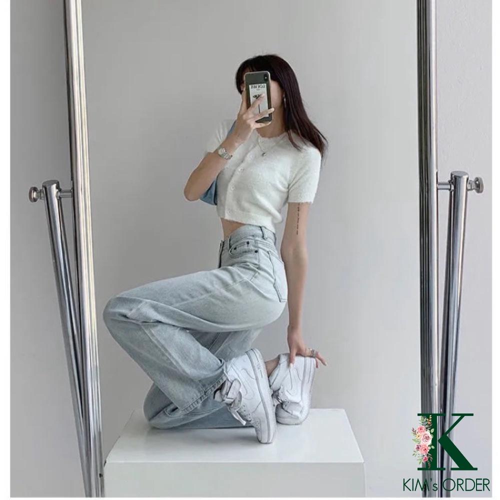 Quần Jean Nữ Cạp 3 Cúc Màu Xanh Bạc Lưng Cao Ống Suông Dài Phom Rộng Phong Cách Hàn Quốc Chất Vải Co Dãn Cao Cấp Loại 1