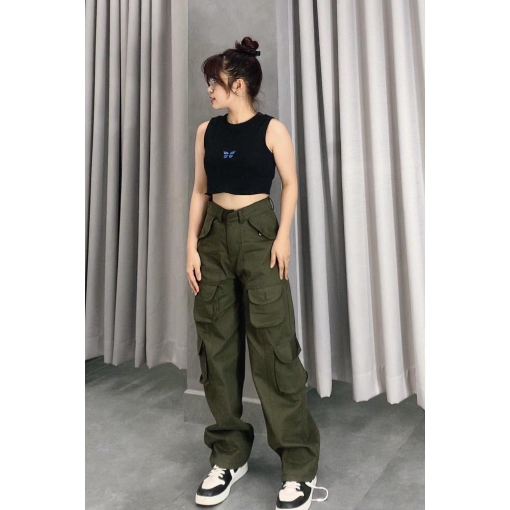 Quần kaki túi hộp Hiphop ống rộng xuông dài cargo pants trơn thời trang cho nữ/nam -hình thật