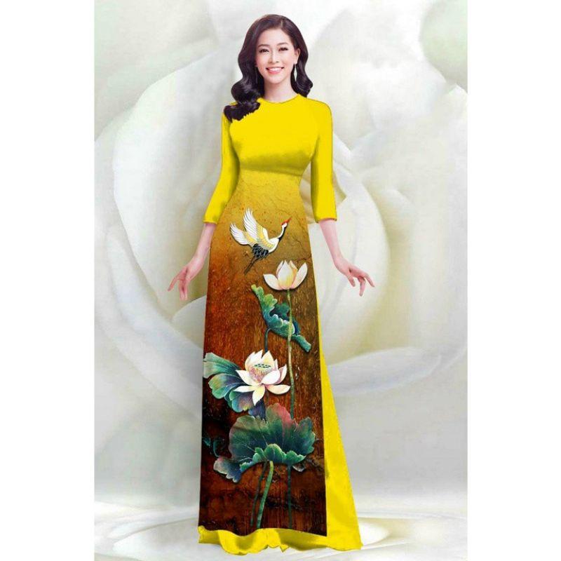 SÉT ÁO DÀI LỤA HỌA TIẾT SEN HẠC 4D VN