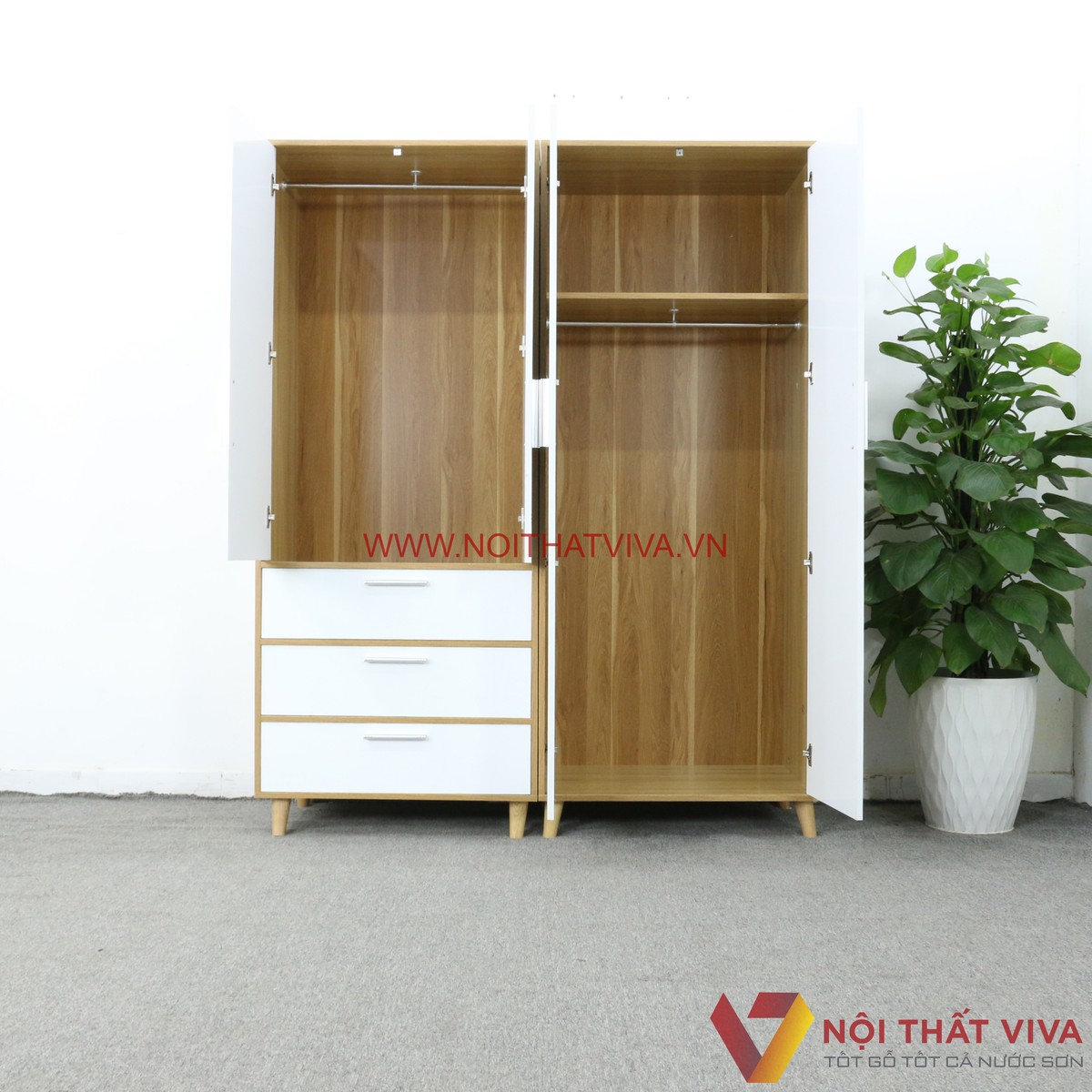 Tủ Quần Áo Lắp Ghép Gỗ MDF Màu Vàng 4 Cánh Sơn Trắng 2K Đẹp Hiện Đại