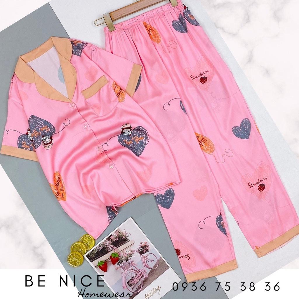 Set pijama lụa mặc nhà cổ phối màu tay ngắn quần dài, Be Nice Homewear