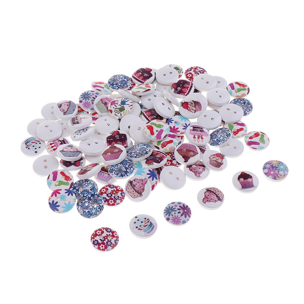 100pcs Flower Printed Wooden Buttons 2 Holes 15mm DIY Clothing Scrapbook Crafts