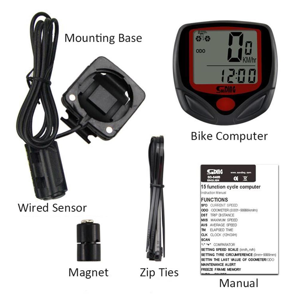 Máy đo tốc độ đi xe đạp có dây Sunding Màn hình LCD cho xe đạp leo núi với đèn nền màu xanh lá cây