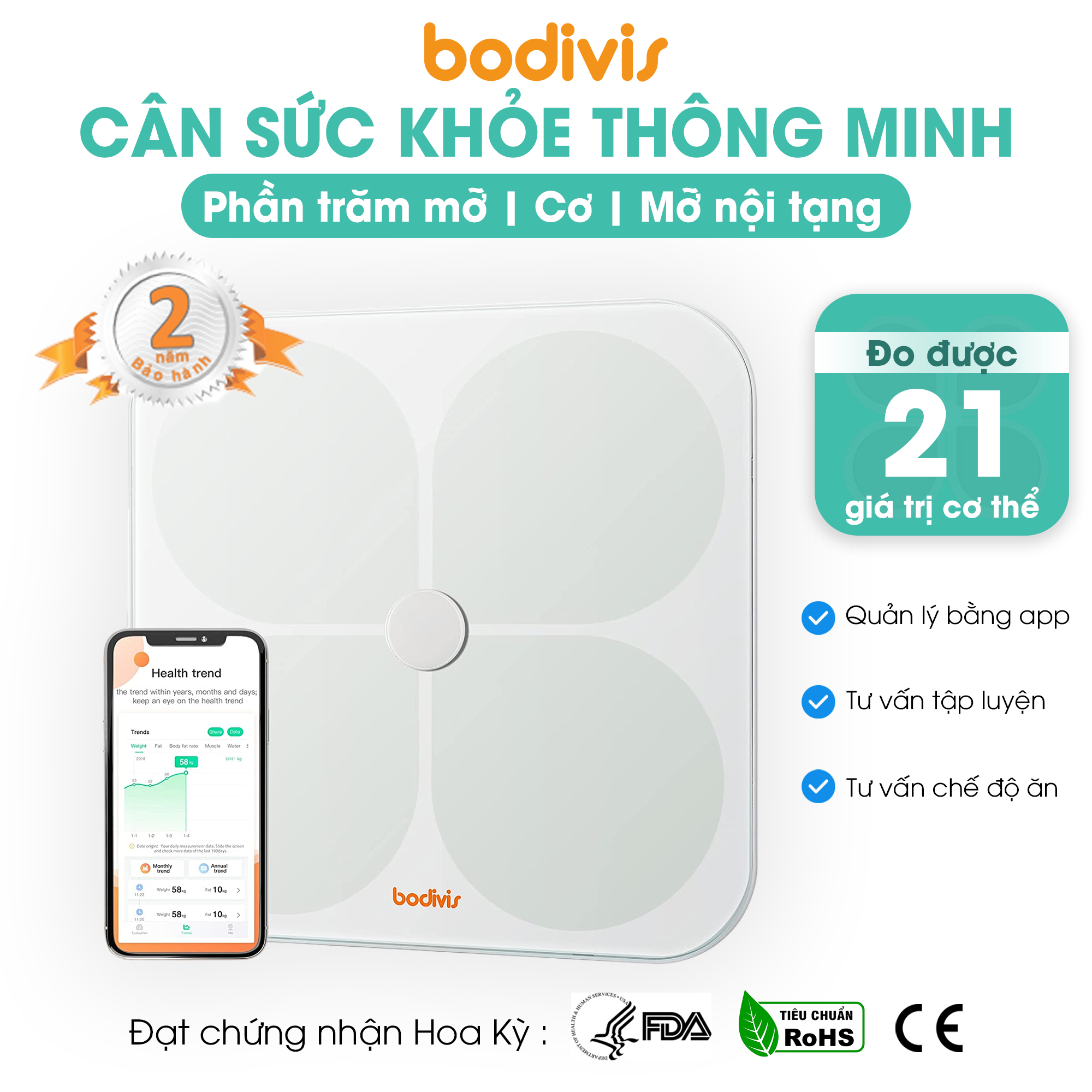 Cân sức khỏe có hướng dẫn tập luyện, ăn uống, thông minh, đo 21 chỉ số cơ thể, cao cấp chuẩn FDA - Bodivis chính hãng