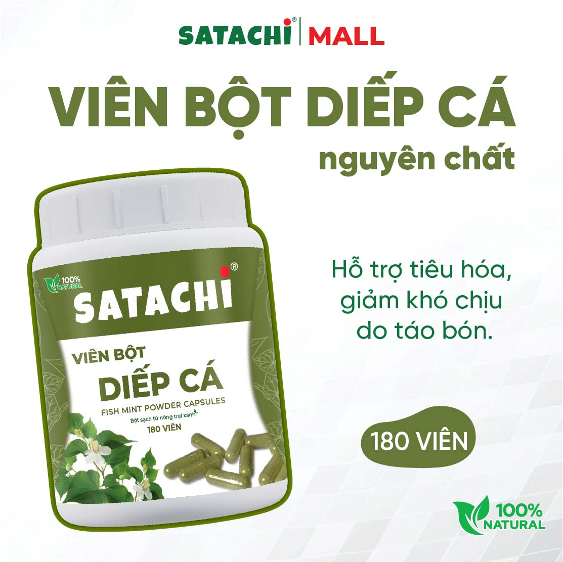 Viên Bột Diếp Cá Nguyên Chất SATACHI – 100% Lá Diếp Cá Tươi – Dạng Viên Tiện Lợi – Hộp 180 viên