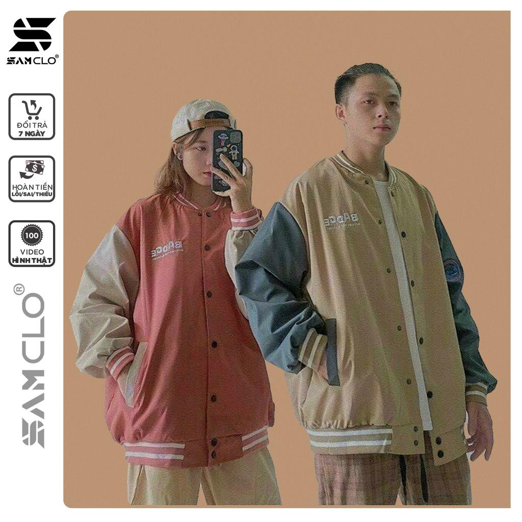 Áo khoác bomber vải dù 2 lớp nam nữ SAM CLO - Áo khoác gió phong cách bóng chày JACKET form rộng unisex thêu chữ BADGE