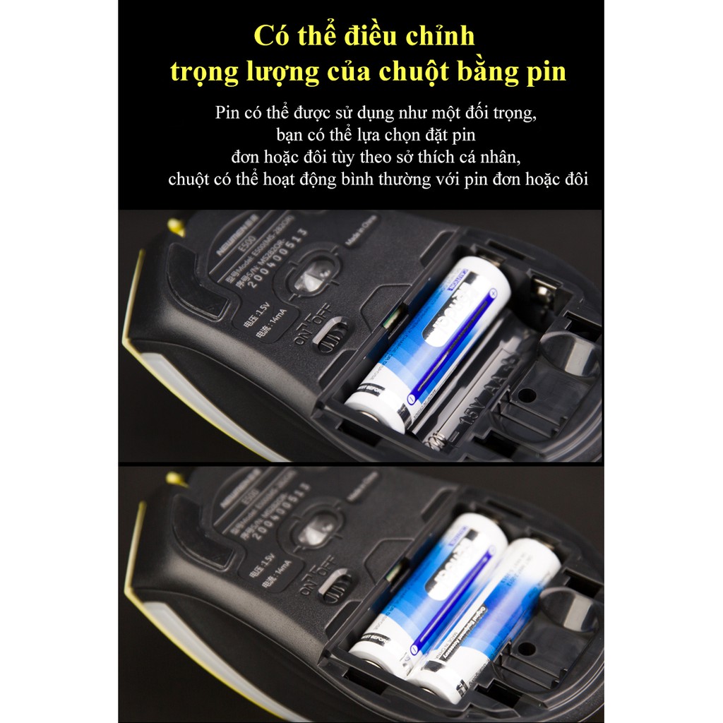 Chuột không dây Newmen E500,kết nối 2.4Ghz,1600DPI,công thái học đối xứng,tuỳ chỉnh trọng lượng -Hàng Chính Hãng, bảo hành 24 tháng