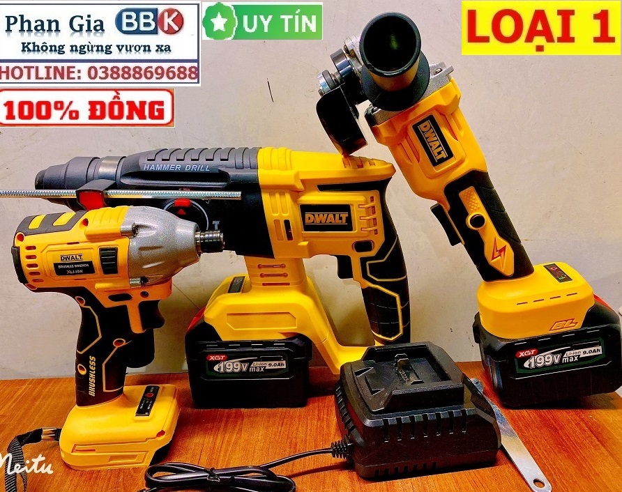 Bộ Combo 3 Máy Gồm Máy Khoan Đục Bê Tông, Máy Mài Và Máy Chuyên Vít Dùng Pin 199V 15 Cell, Máy Khoan Đục Bê Tông, Máy Cắt Cầm Tay - Bảo Hành 1 Năm