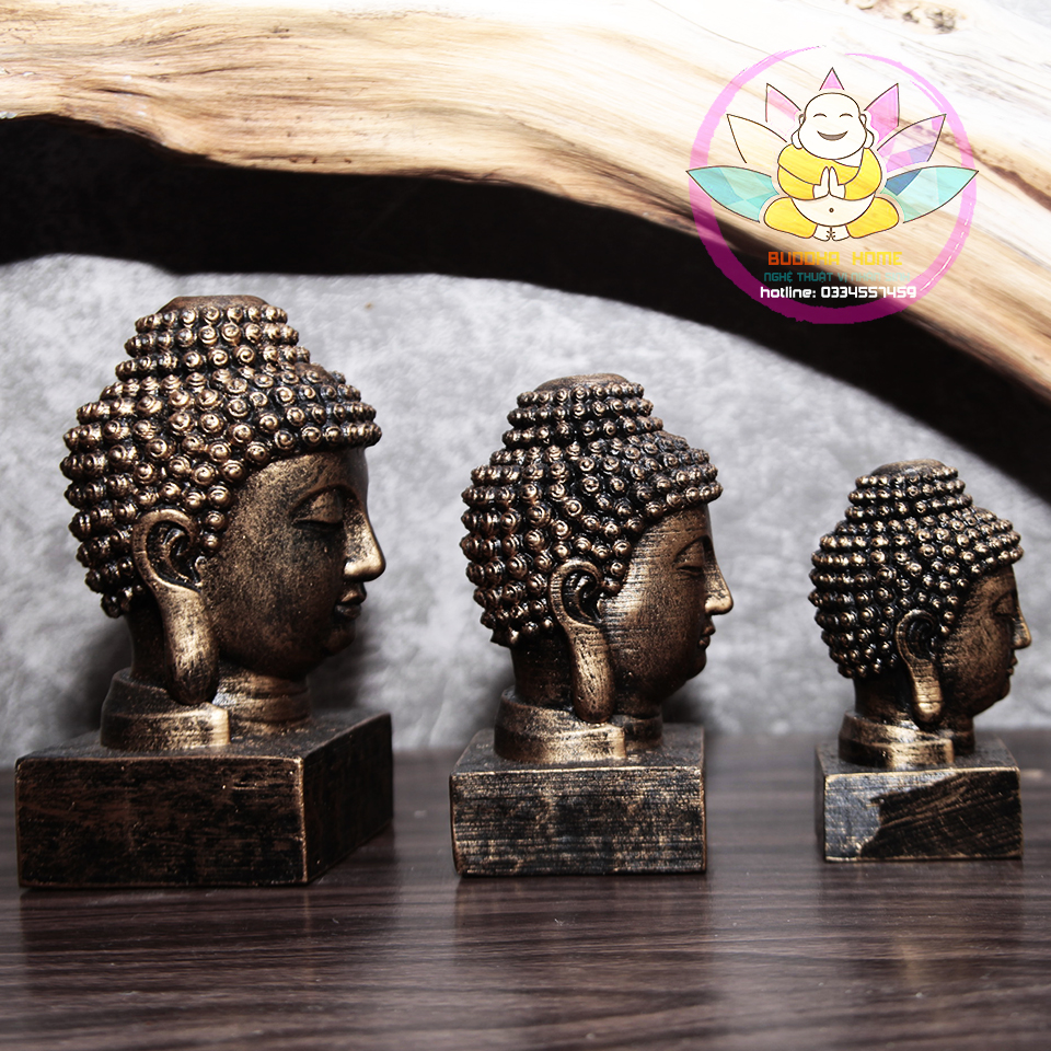 Tượng đầu Phật Thích Ca Mâu Ni trang trí màu vàng đồng size nhỏ- trung- lớn