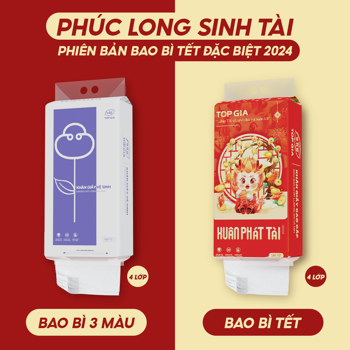 Khăn giấy cao cấp Top Gia 3 màu thùng 6 bịch, giấy rút treo tường 1280 tờ, 4 lớp siêu dai, mềm mịn và tiện lợi