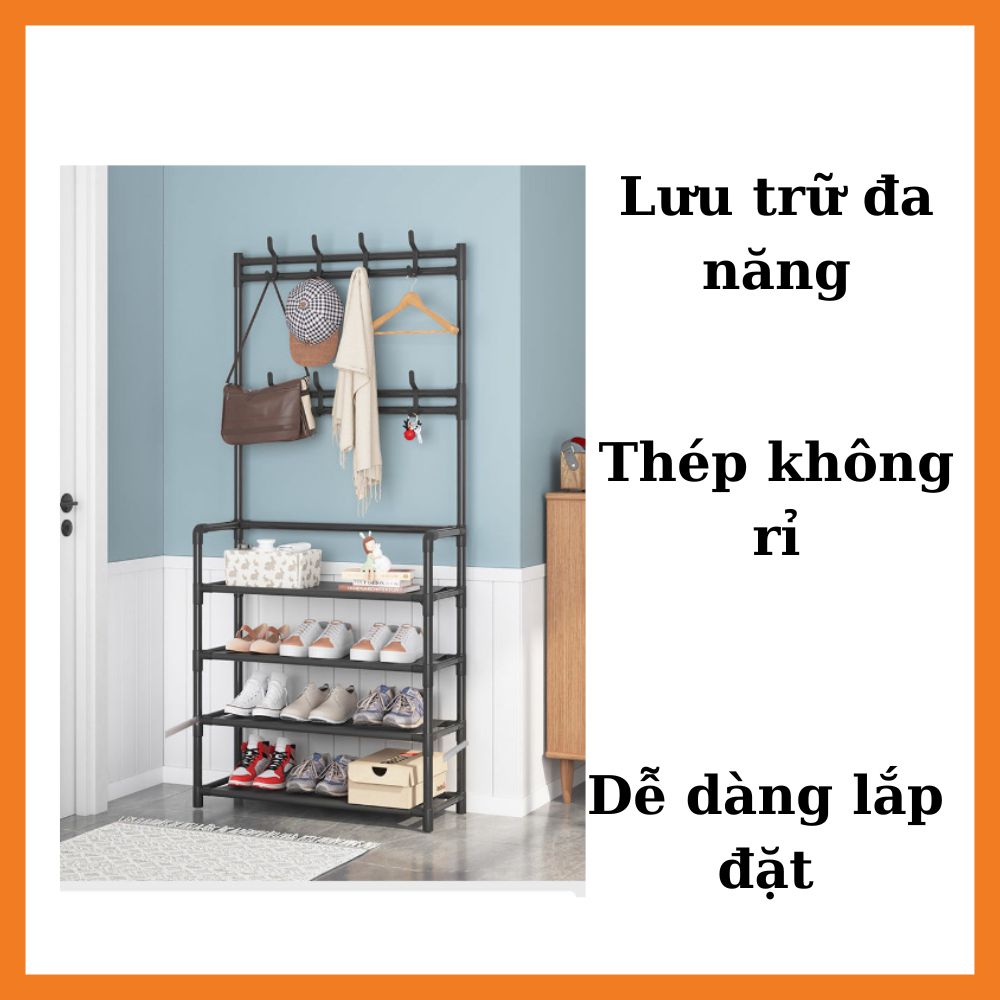 Giá Kệ để giày dép đa năng 4 tầng thông minh có móc treo quần áo tiện ích