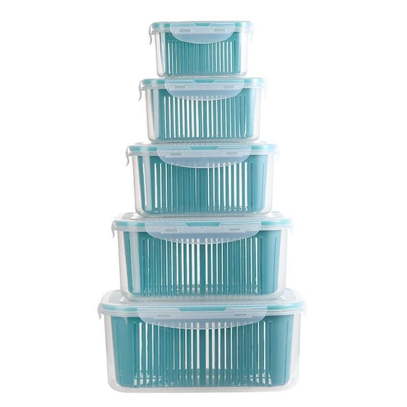 SET 5 HỘP KÈM RỔ CÓ NẮP ĐẬY HÚT CHÂN KHÔNG, BỘ 5 HỘP ĐỰNG THỰC PHẨM TÁCH NƯỚC TIỆN DỤNG