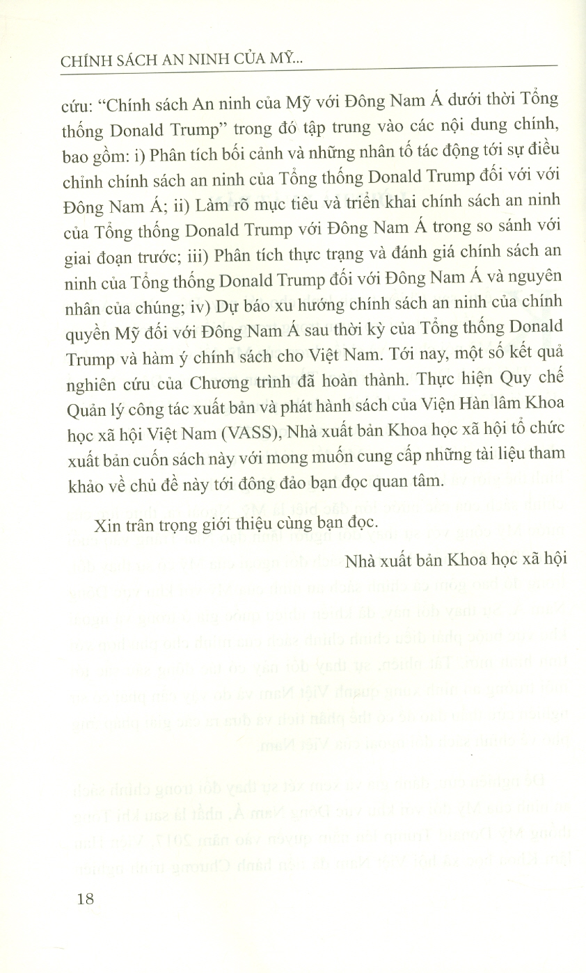 Chính Sách An Ninh Của Mỹ Với Đông Nam Á Dưới Thời Tổng Thống Donald Trump (Sách chuyên khảo)