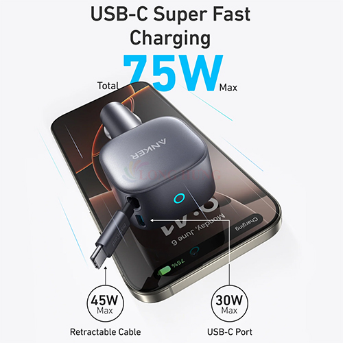 Cốc sạc xe hơi Anker Nano 2 in 1 Built-in Retractable USB-C 75W A2738 - Hàng chính hãng