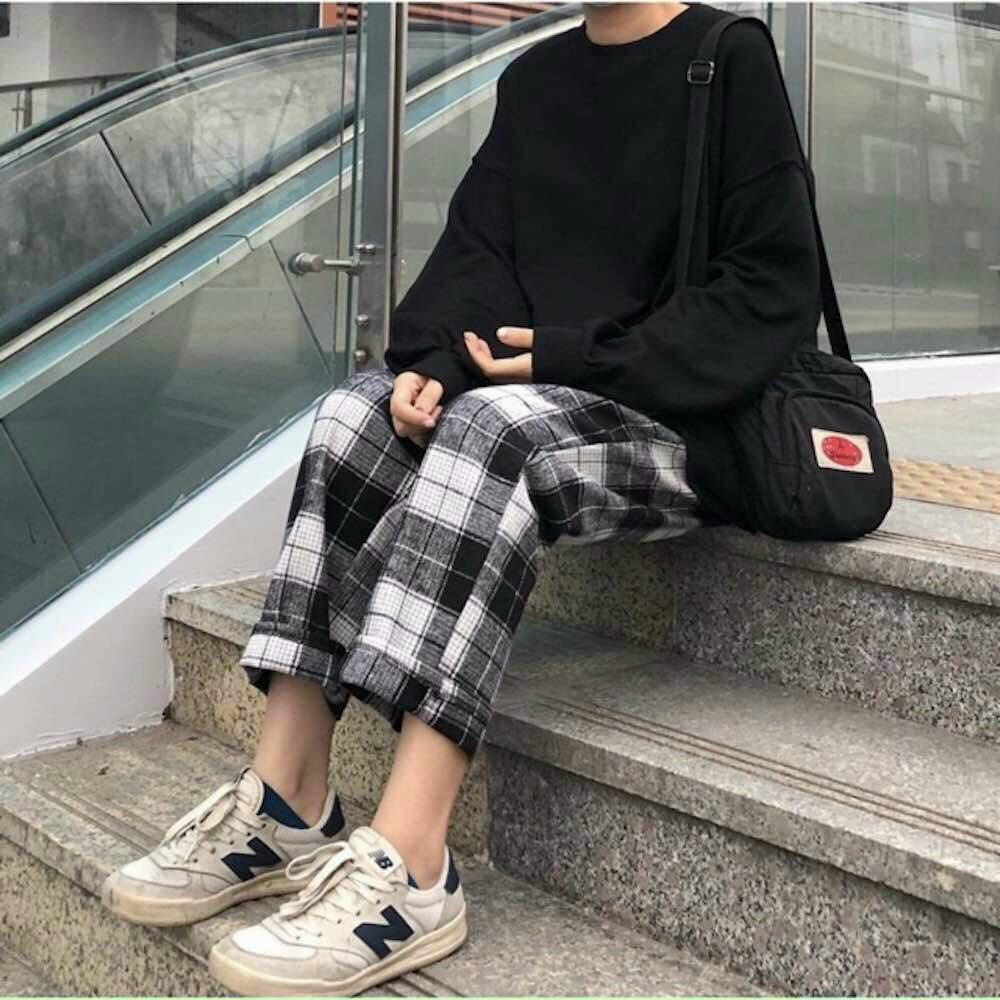 Quần baggy kẻ caro unisex Caro ống suông rộng nam nữ oversize ullzang, Culottes ống rộng cạp chun thiết kế kẻ caro, bắt mắt, cá tính