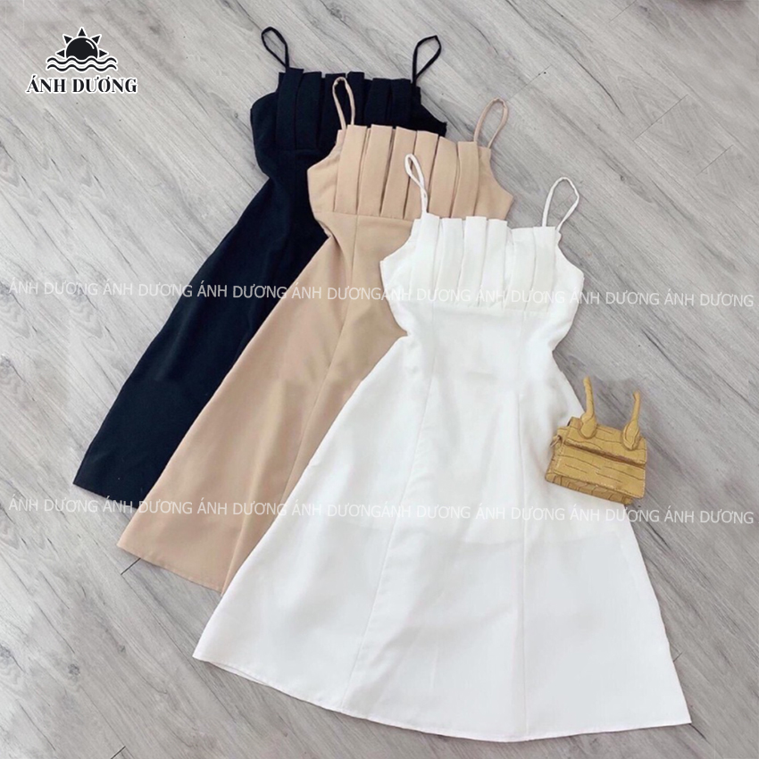 Váy đầm dáng xòe hai dây màu đen đi chơi, dạo phố cực xinh