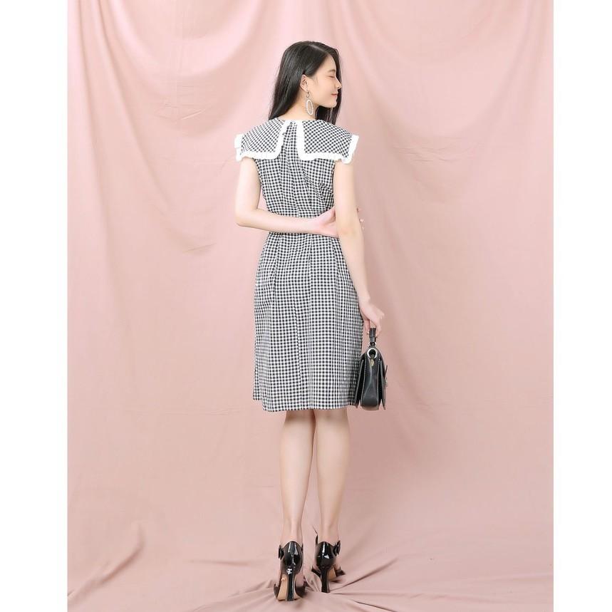 Đầm kiểu nữ sát nách kẻ caro dây lưng eo - Váy nữ cổ hải quân dáng xòe TK FASHION DK906
