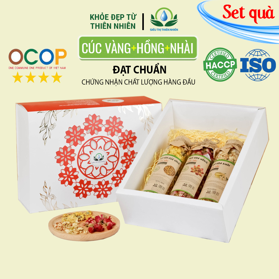 Hộp quà tặng trà hoa cao cấp - Set 5: Trà hoa nhài, Cúc vàng, Hoa hồng