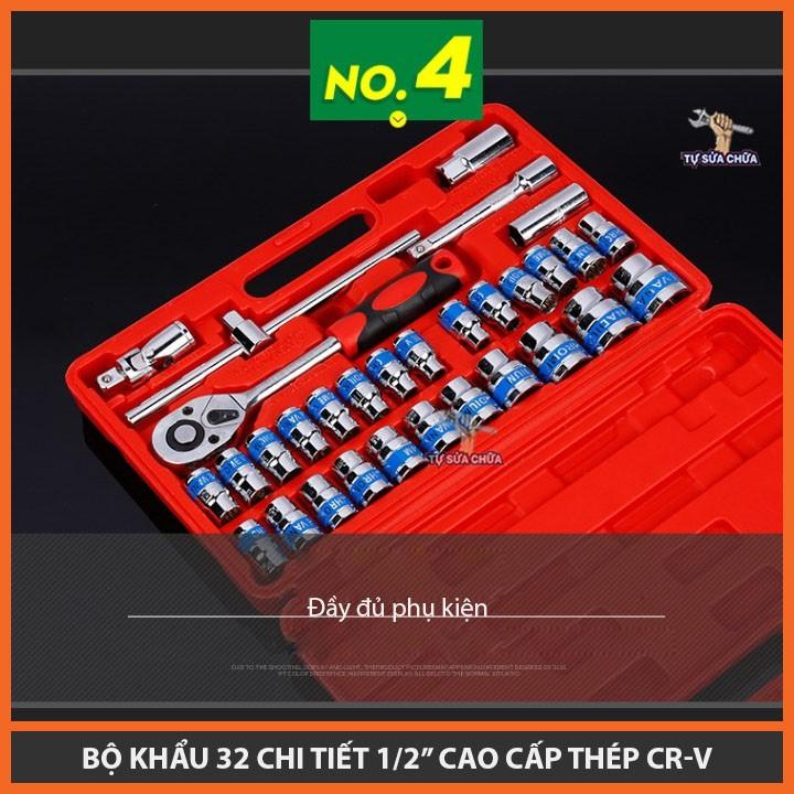 Bộ khẩu cờ lê 1/2'' 32 chi tiết chuyên mở ốc, siết ốc loại xịn, làm từ théo CR-V siêu cứng, chống gỉ