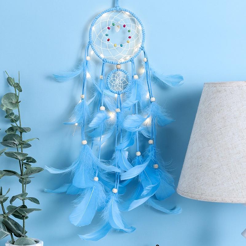 Dreamcatcher Lông Vũ Có Đèn LED Treo Tường Trang Trí Phòng Ngủ Tặng Kèm Móc Dán Tường