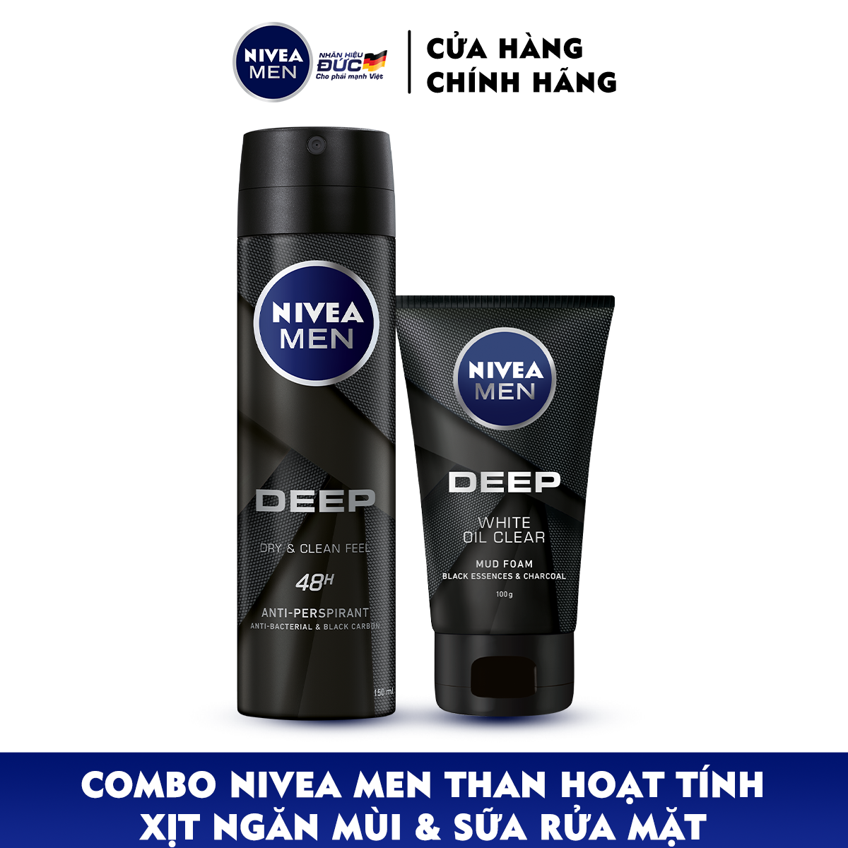 Combo NIVEA MEN Than Hoạt Tính Xịt Ngăn Mùi (150ml) - 80027 &amp; Sữa Rửa Mặt(100G) - 84415