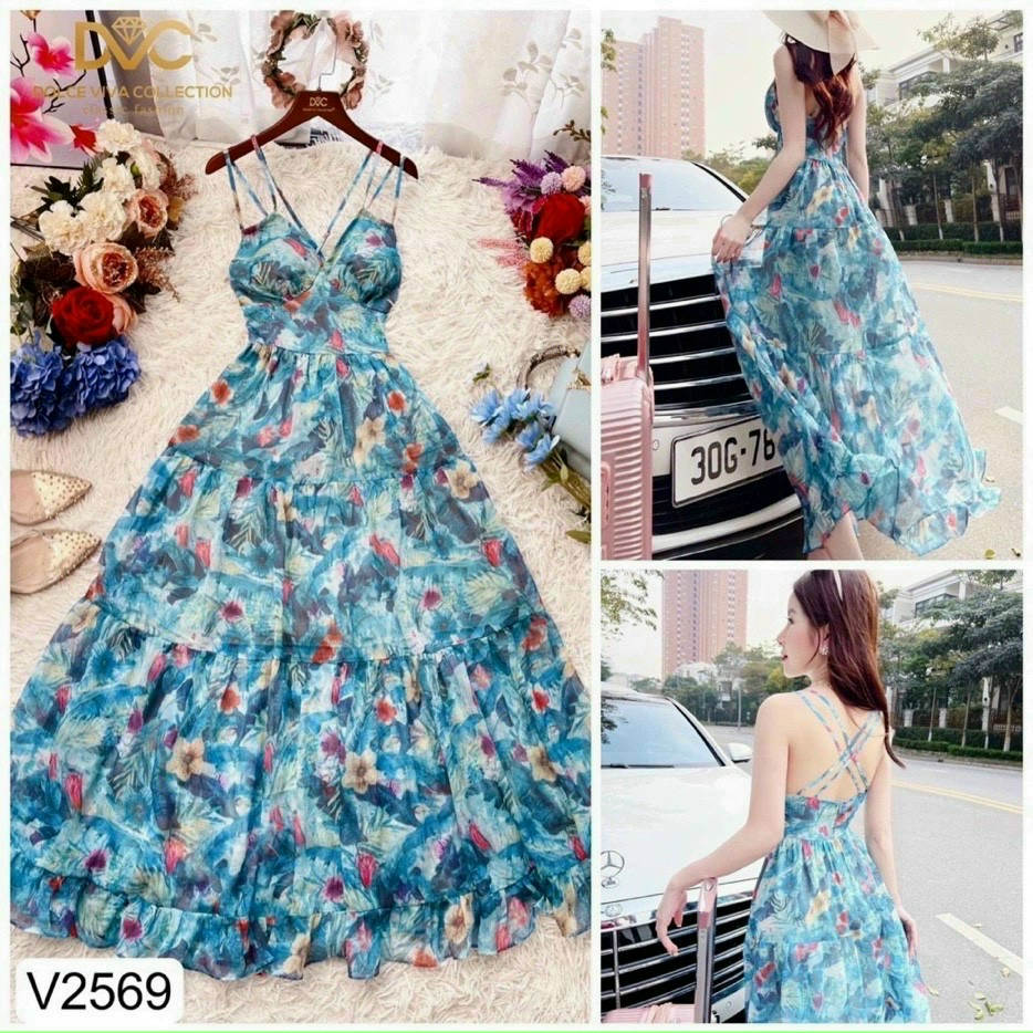 Đầm maxi hai dây có mút ngực đi biển màu xanh
