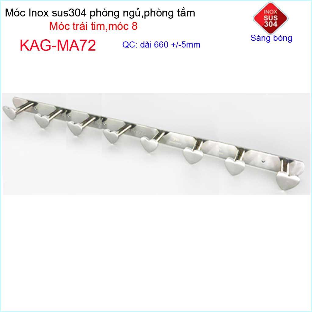 Móc treo quần áo inox 304 cao cấp dày, móc tim Kace 8 móc treo đồ nhà tắm KAG-MA72