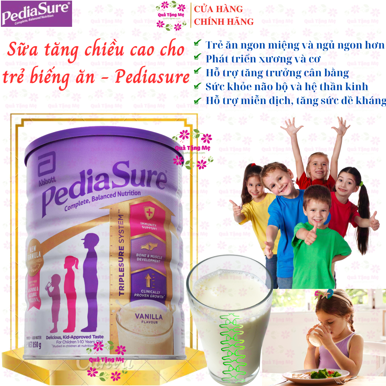 Sữa tăng chiều cao cho trẻ biếng ăn từ 1-10 tuổi Úc Pediasure Vanilla giúp phát triển cân đối chiều cao, cân nặng, trí não - QuaTangMe Extaste