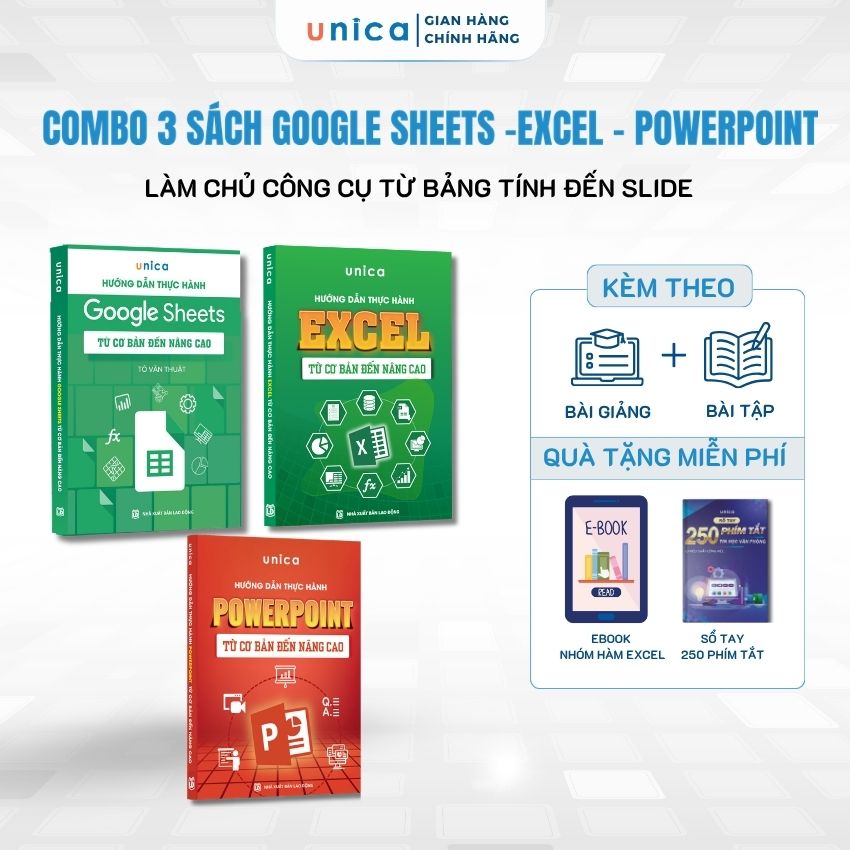 Combo 3 Sách Excel - Google Sheets - PowerPoint Unica Thành Thạo Tin Học Văn Phòng Kèm Video Bài Giảng