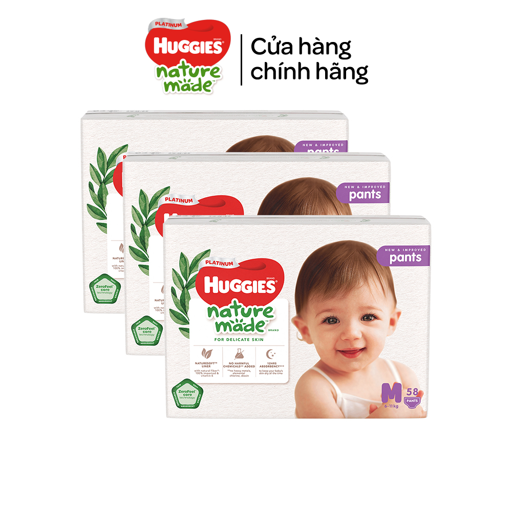 Thùng 3 gói Tã/Bỉm quần Huggies Platinum NatureMade M58/ L44/ XL38/ XXL26