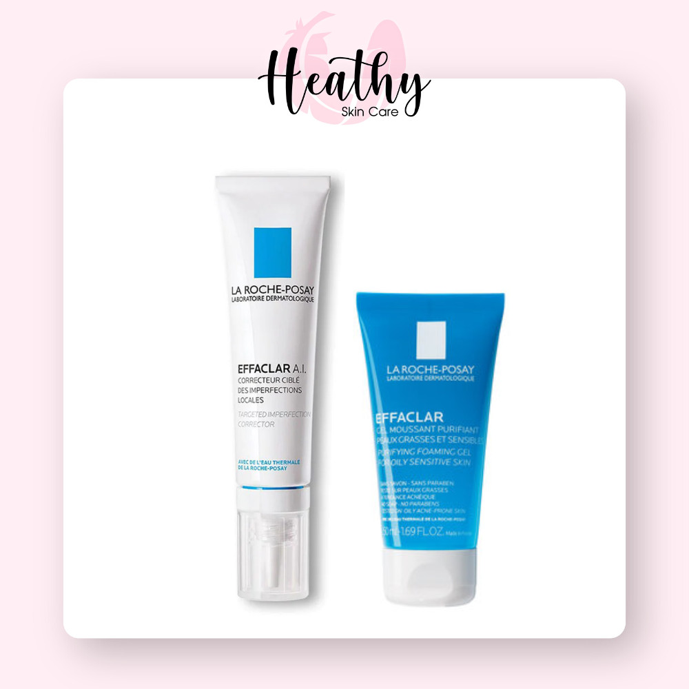 Bộ đôi kem giảm mụn chuyên biệt La Roche Posay Effaclar A.I 15ml và Gel rửa mặt dành cho da dầu mụn Effaclar Gel 50ml