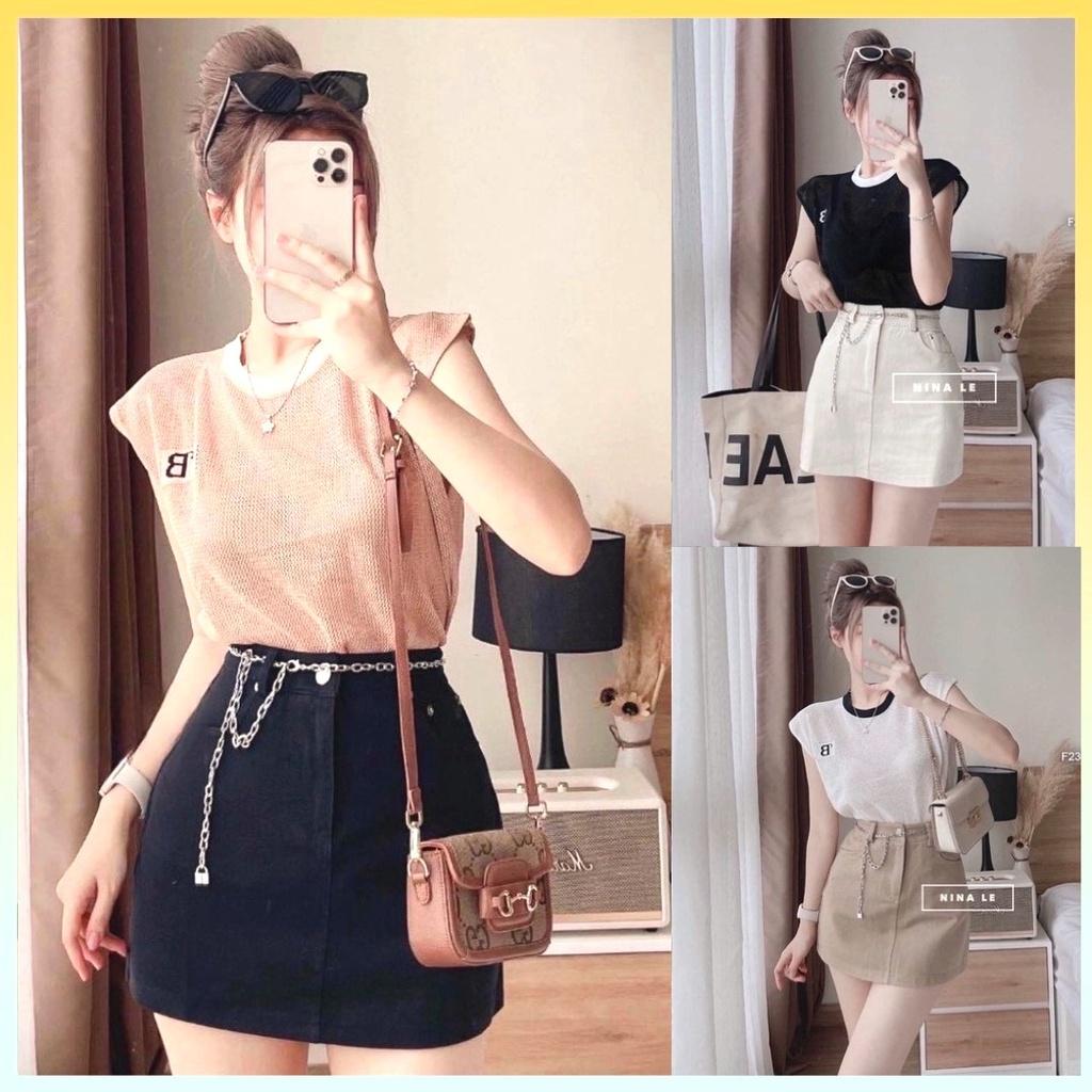 Áo LƯỚI len Montoghi dệt kim CHỮ B tay hến viền cổ tròn hàng Quảng Châu xinh xắn