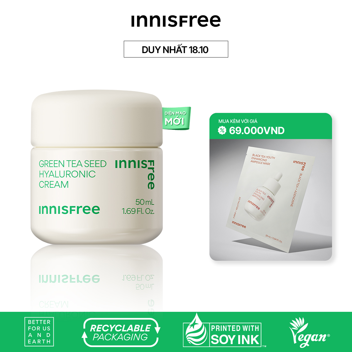 Kem dưỡng ẩm trà xanh innisfree Green Tea Seed Hyaluronic Cream 50ml