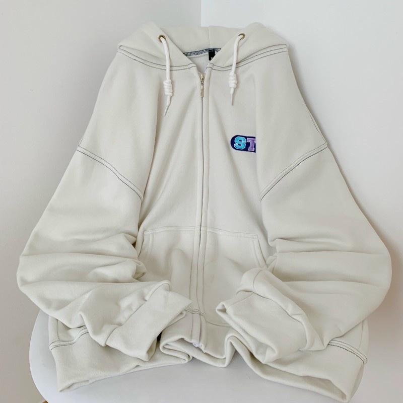 Áo khoác nỉ nam nữ STR hoodie full zip đen trắng kem form rộng bo gấu tay phồng hàn quốc -áo khoác ulzzang