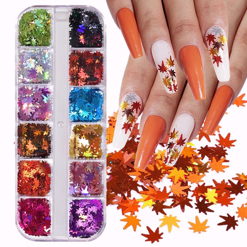 Khay lá phong nail mix 12 màu , Sticker họa tiết lá phong trang trí móng chuyên dụng