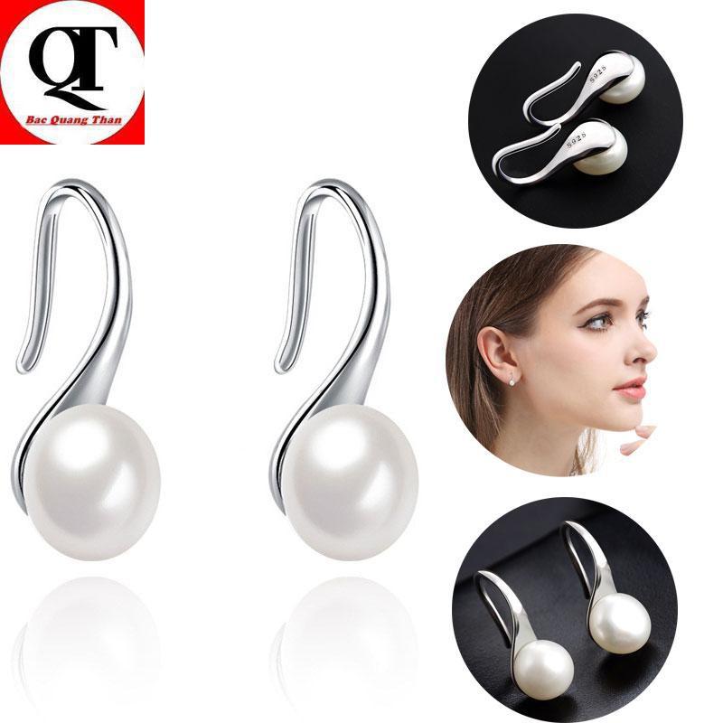 Bông tai nữ ngọc nhân tạo màu trắng đeo sát tai 100% chất liệu bạc thật Bạc Quang Thản - QTBT2