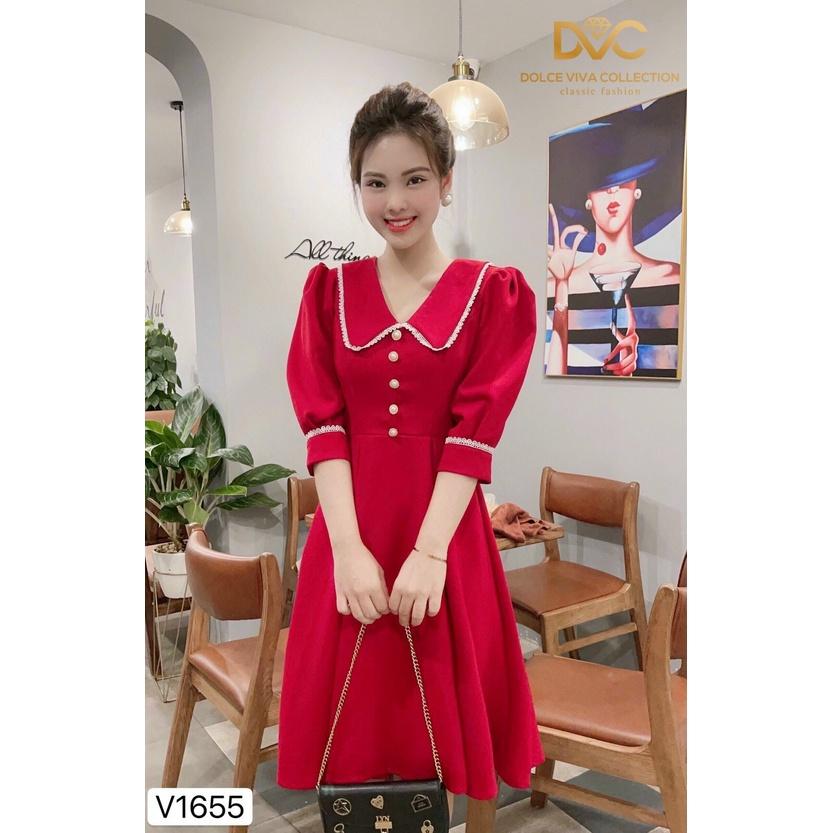 Đầm đỏ xoè phối viền ren tay phồng đính nút xinh xắn