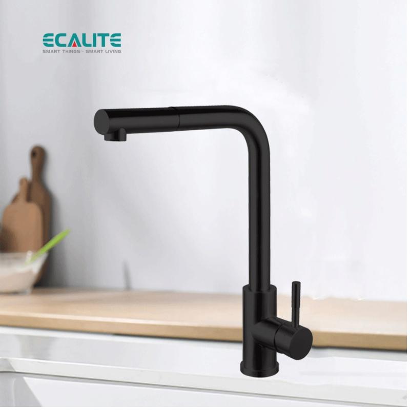 Vòi Rửa Chén Nóng Lạnh Pull-down Ecalite EF-K185B - Có Dây Rút - Đồng Thau Sơn Đen Cực Đẹp - Hàng Chính Hãng